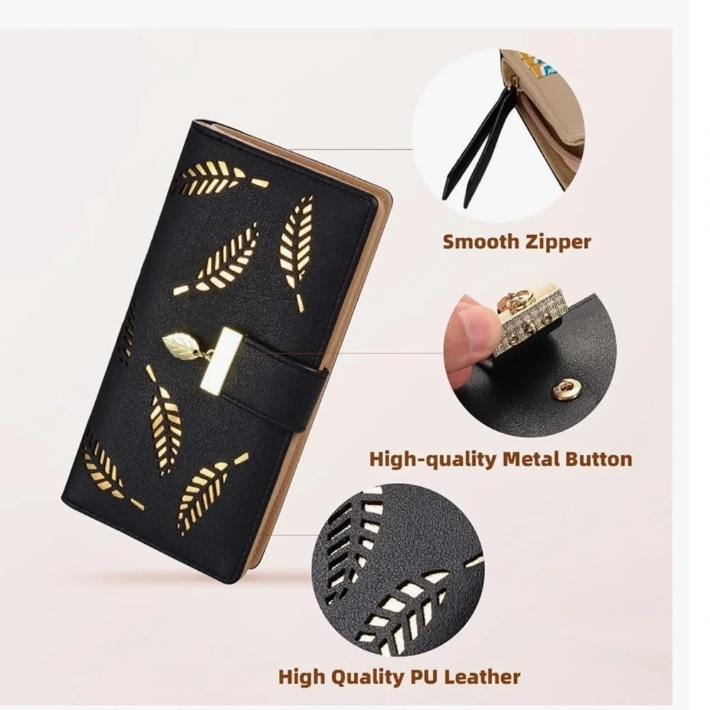 Women's Long Leaf Bifold Wallet Leather Card Holder Purse Elegant Clutch ( new)
